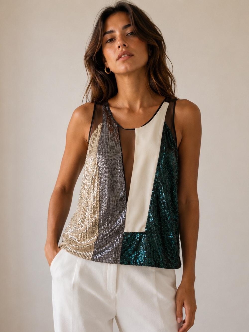 Colorblock Sequin Scoop Neck Cami - Green/Gold/Black